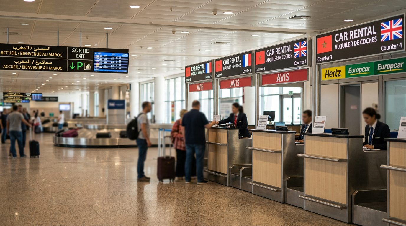 Hall de llegadas del aeropuerto Mohammed V en Casablanca con mostradores de alquiler de coches