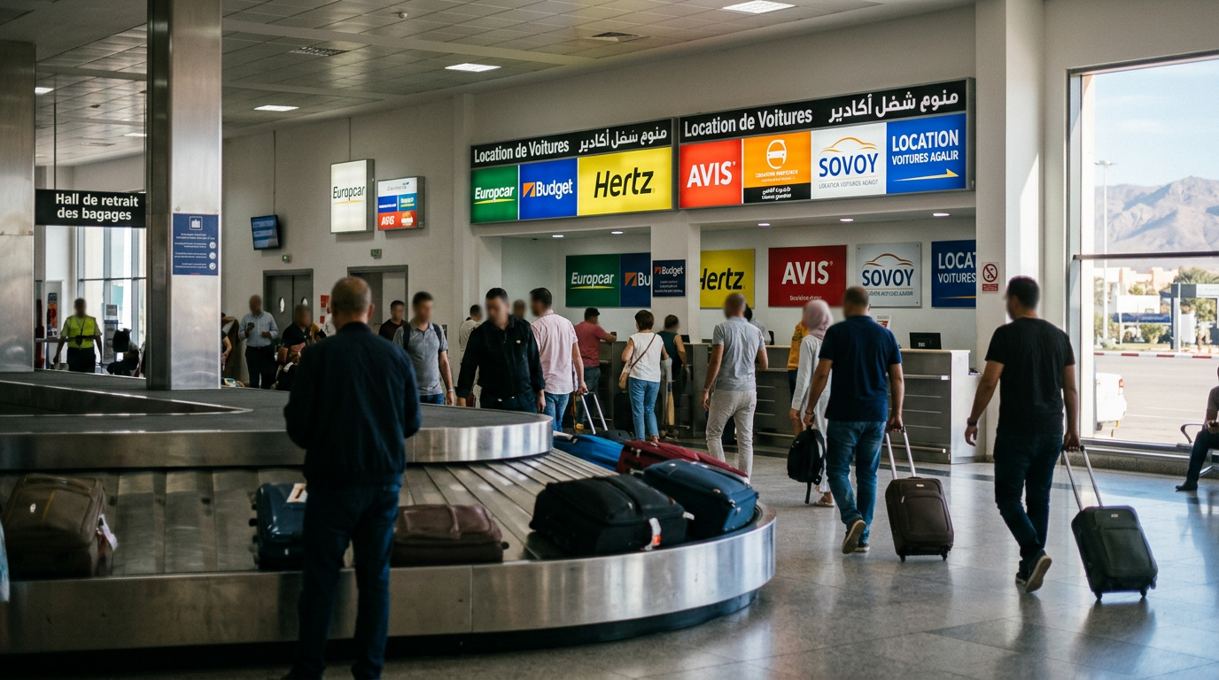 Hall de retrait des bagages de l'aéroport Agadir-Al Massira avec comptoirs de location de voitures visibles en arrière-plan