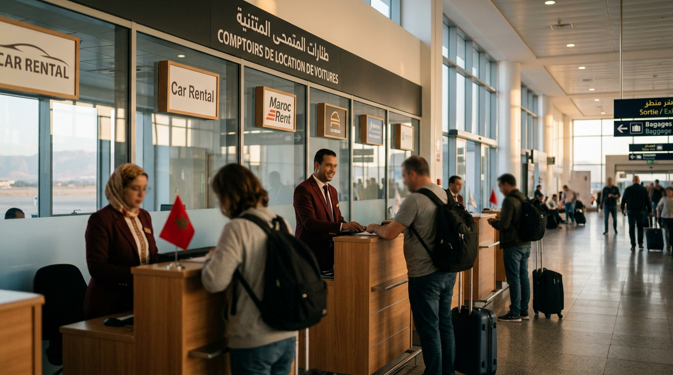 Car rental desks in the arrivals hall of Fes-Saiss International Airport, Morocco