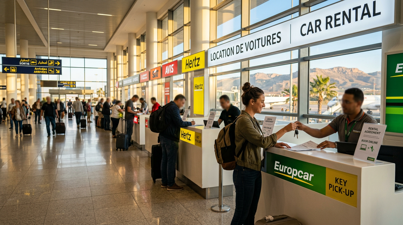 Hall des arrivées de l'aéroport Ibn Battouta de Tanger avec comptoirs de location de voitures et voyageurs récupérant leurs clés