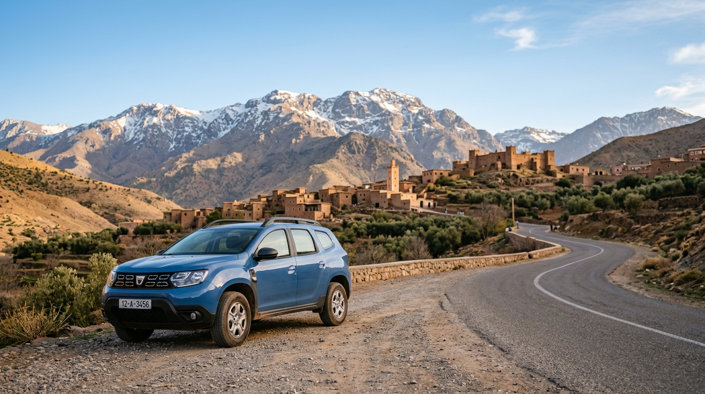 Rental car parked in front of a Moroccan medina with Atlas Mountains in the background