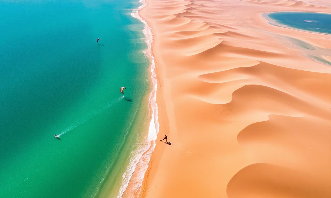Vue aérienne de la lagune turquoise de Dakhla bordée de dunes dorées
