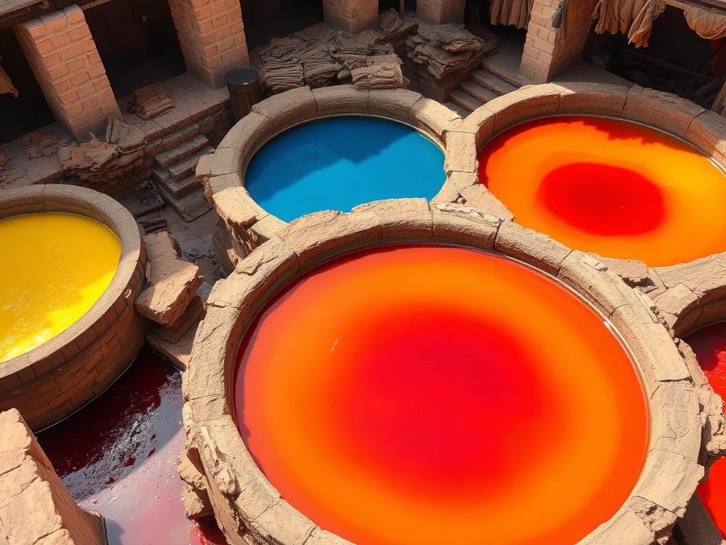 Tannerie Chouara, cuves de teinture colorées