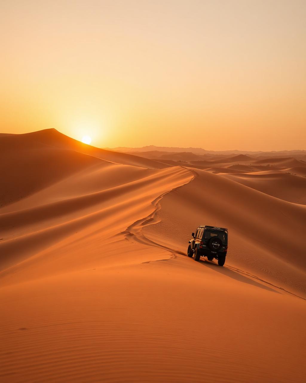 Dune et piste dans le désert du Sahara au coucher du soleil