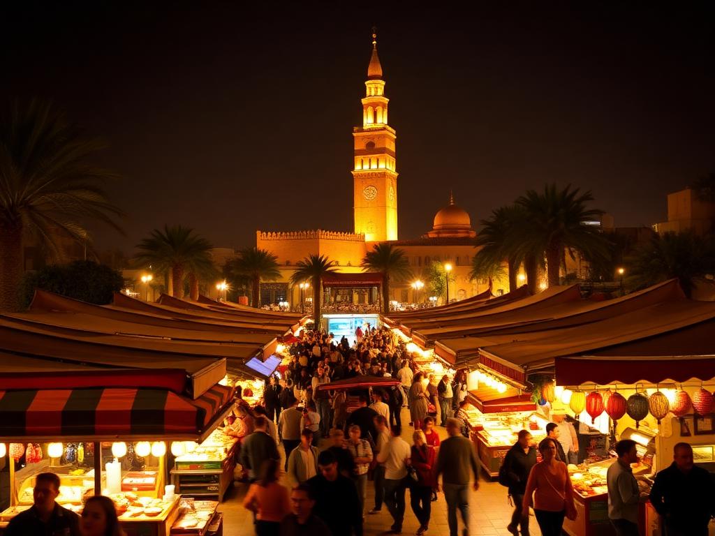 ساحة جامع الفنا مضاءة ليلاً