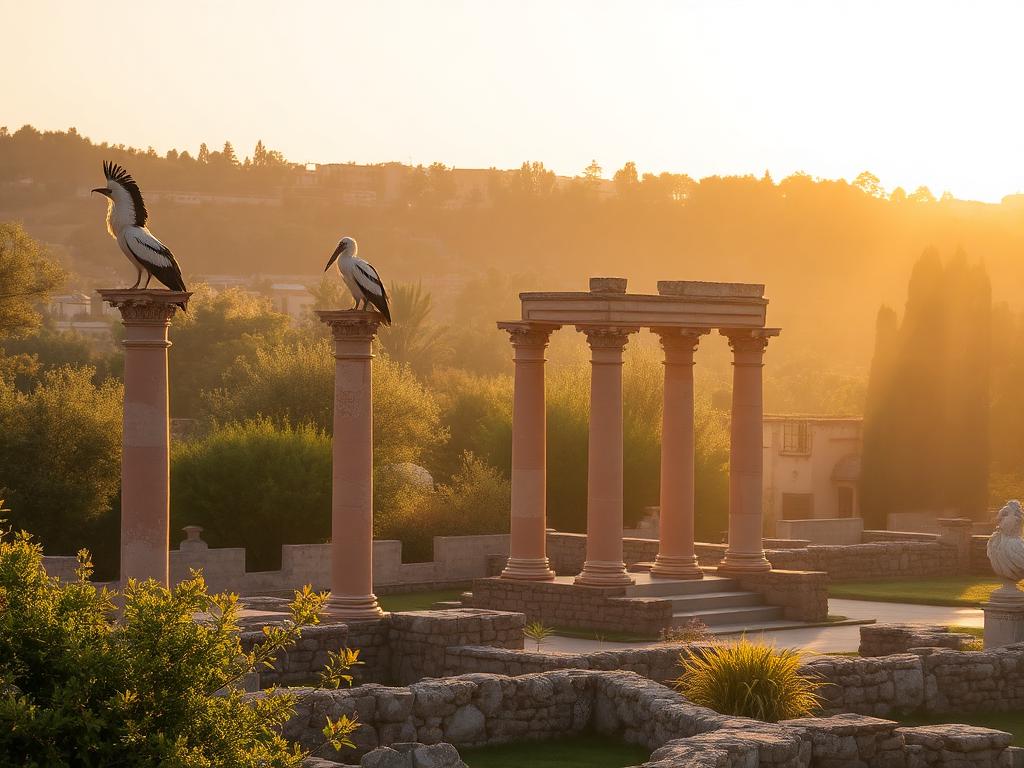 Ruines de Chellah avec cigognes au coucher du soleil